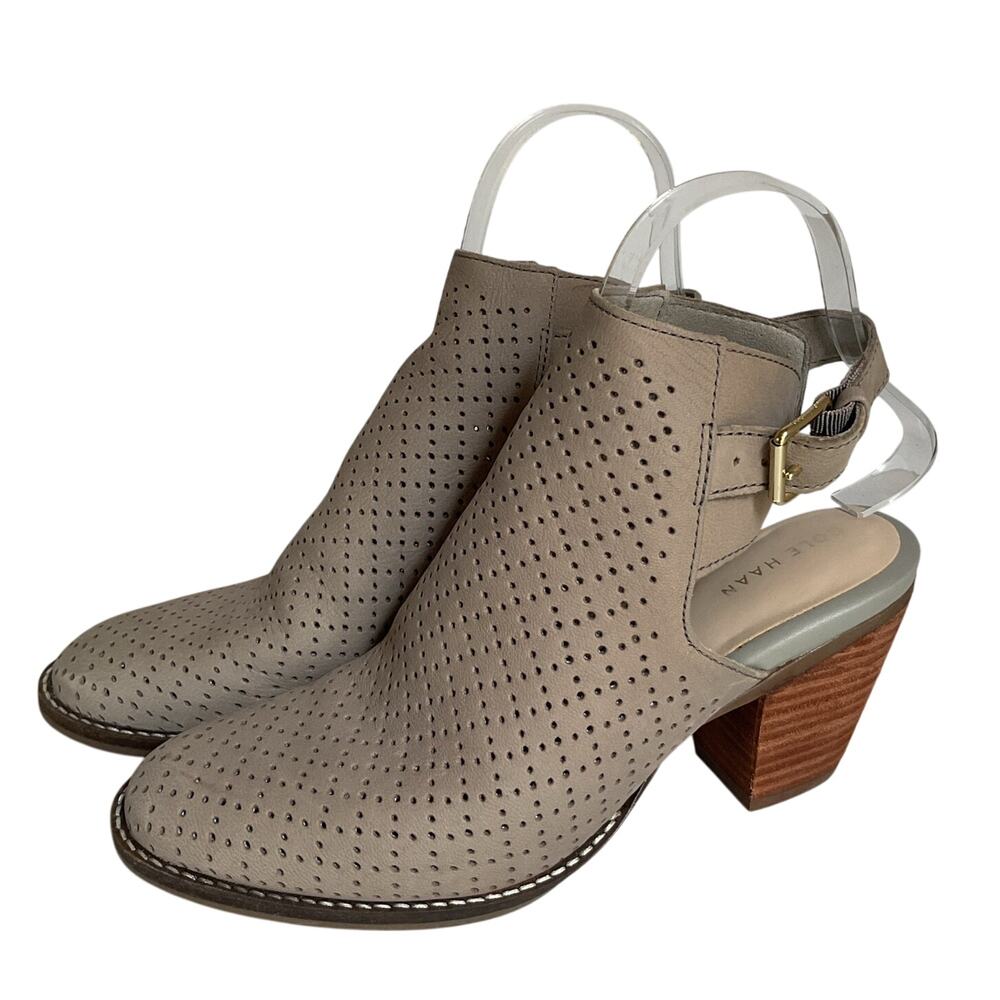 Cole Haan Gray Perforated Peep Toe Booties Heels Women 7.5B Cutout - Picture 2 of 11